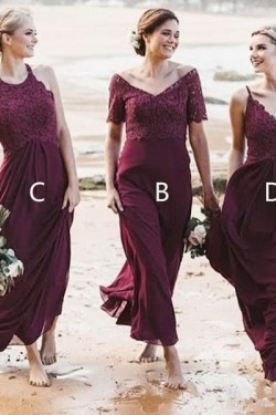 Modest Long Grape Purple Chiffon and Lace Bridesmaid Dresses 902125