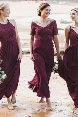 Modest Long Grape Purple Chiffon and Lace Bridesmaid Dresses 902125
