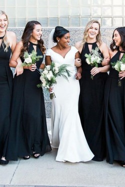 Long Navy Blue Chiffon Floor Length Bridesmaid Dresses 902126