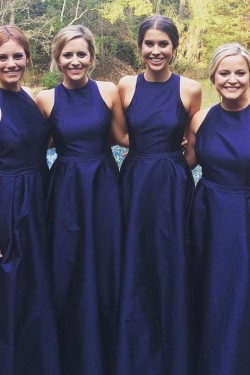 A-Line Long Navy Blue Floor Length Bridesmaid Dresses 902133