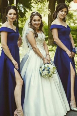 A-Line Off the Shoulder Long Royal Blue Bridesmaid Dresses 902135