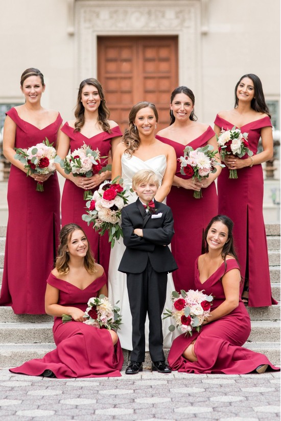 Long Burgundy Off the Shoulder Bridesmaid Dresses with Slit 902136