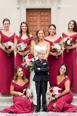 Long Burgundy Off the Shoulder Bridesmaid Dresses with Slit 902136