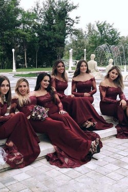 Modest Long Mermaid Lace Floor Length Bridesmaid Dresses with Long Sleeves 902137