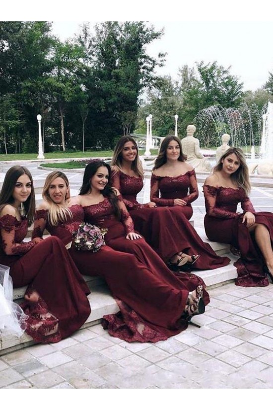 Modest Long Mermaid Lace Floor Length Bridesmaid Dresses with Long Sleeves 902137