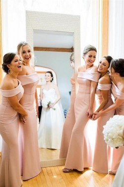 Long Mermaid Off the Shoulder Pink Floor Length Bridesmaid Dresses 902139