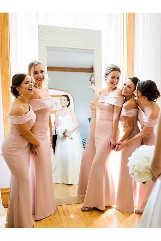 Long Mermaid Off the Shoulder Pink Floor Length Bridesmaid Dresses 902139