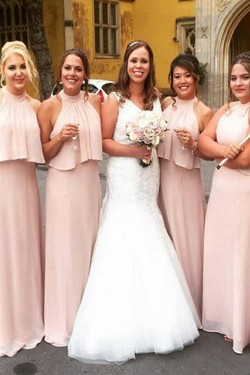 Long Pink Chiffon Floor Length Bridesmaid Dresses 902142