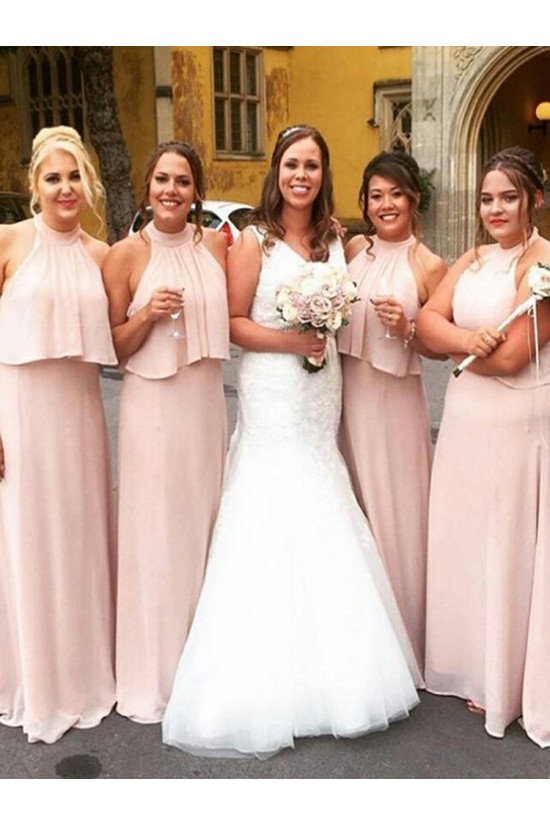 Long Pink Chiffon Floor Length Bridesmaid Dresses 902142