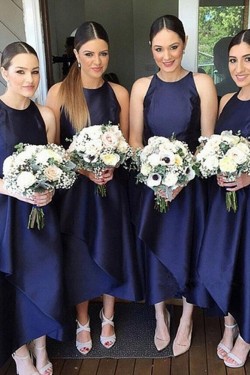 A-Line Asymmetrical Navy Blue Bridesmaid Dresses 902148