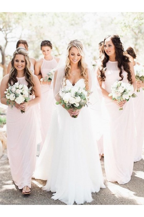 Long Pink Chiffon Floor Length Bridesmaid Dresses 902150