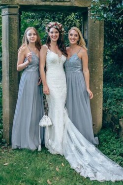 Modest Long Grey Lace and Chiffon Bridesmaid Dresses 902153