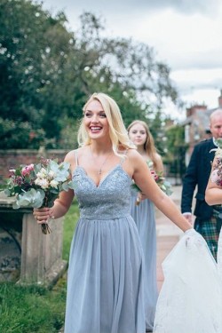 Modest Long Grey Lace and Chiffon Bridesmaid Dresses 902153