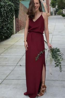 Modest Long Burgundy Chiffon Spaghetti Straps Bridesmaid Dresses 902156