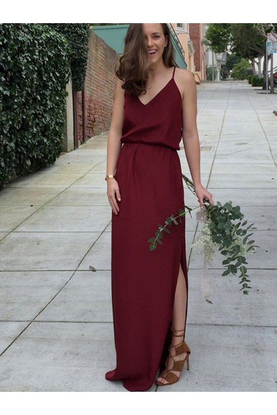 Modest Long Burgundy Chiffon Spaghetti Straps Bridesmaid Dresses 902156