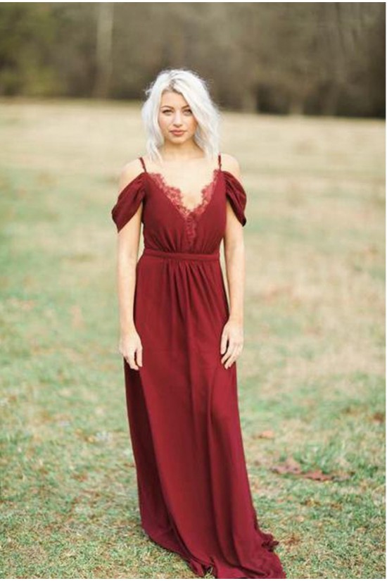 Modest Long Burgundy Chiffon Spaghetti Straps Bridesmaid Dresses 902157