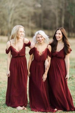 Modest Long Burgundy Chiffon Spaghetti Straps Bridesmaid Dresses 902157