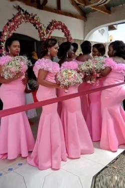 Mermaid Long Pink Off the Shoulder Bridesmaid Dresses 902159