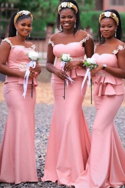 Modest Long Pink Mermaid Lace Floor Length Bridesmaid Dresses 902162