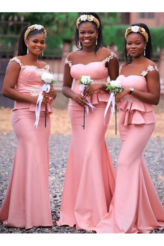 Modest Long Pink Mermaid Lace Floor Length Bridesmaid Dresses 902162