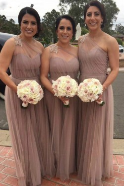 Long Tulle One Shoulder Floor Length Bridesmaid Dresses 902166