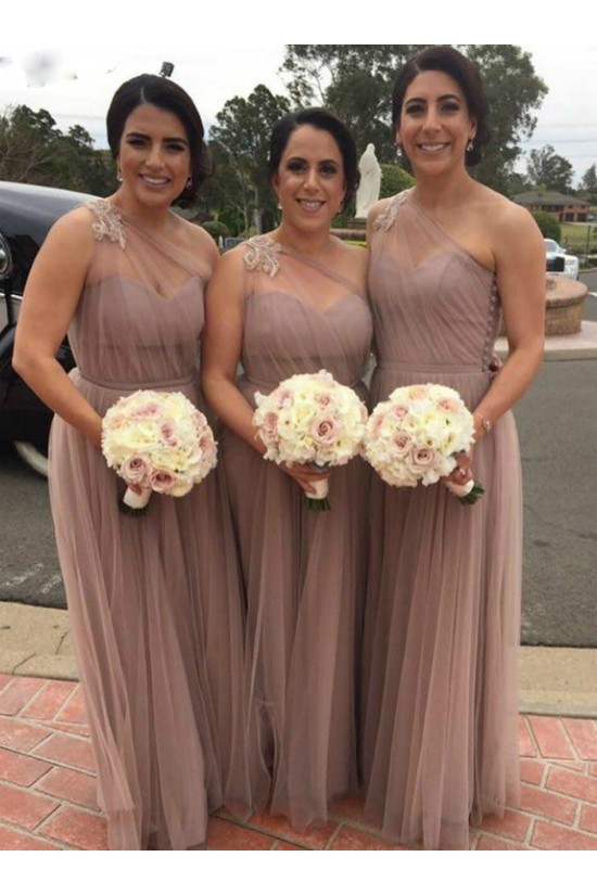 Long Tulle One Shoulder Floor Length Bridesmaid Dresses 902166