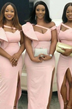 Long Pink Modest Floor Length Bridesmaid Dresses with Slit 902167