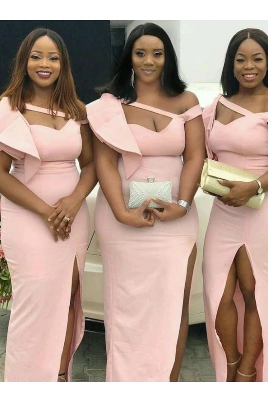 Long Pink Modest Floor Length Bridesmaid Dresses with Slit 902167