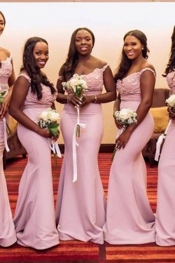 Long Pink Beaded Lace Floor Length Mermaid Bridesmaid Dresses 902172