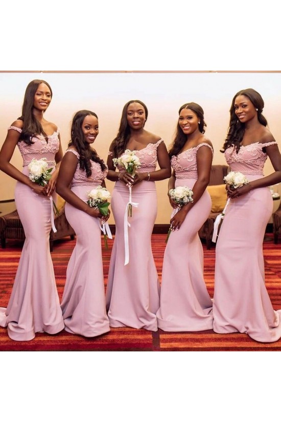 Long Pink Beaded Lace Floor Length Mermaid Bridesmaid Dresses 902172