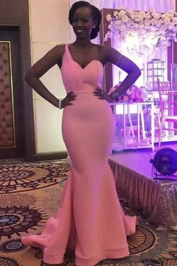 Long Pink Mermaid One Shoulder Floor Length Bridesmaid Dresses 902173