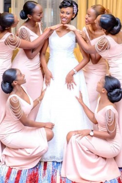 Long Pink Mermaid Modest Bridesmaid Dresses 902175