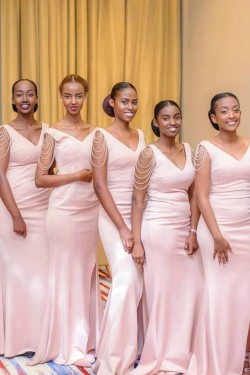 Long Pink Mermaid Modest Bridesmaid Dresses 902175