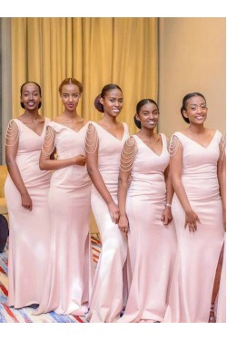 Long Pink Mermaid Modest Bridesmaid Dresses 902175