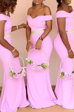 Long Pink Mermaid Off the Shoulder Floor Length Bridesmaid Dresses 902177