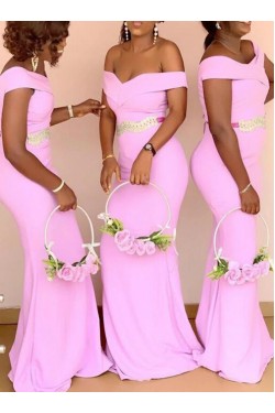 Long Pink Mermaid Off the Shoulder Floor Length Bridesmaid Dresses 902177