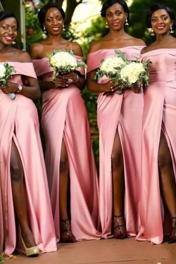 Long Pink Off the Shoulder Floor Length Bridesmaid Dresses with Slit 902178