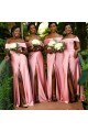 Long Pink Off the Shoulder Floor Length Bridesmaid Dresses with Slit 902178
