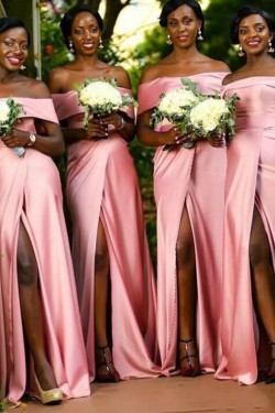Long Pink Off the Shoulder Floor Length Bridesmaid Dresses with Slit 902178