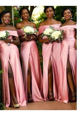 Long Pink Off the Shoulder Floor Length Bridesmaid Dresses with Slit 902178