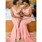 Long Pink Mermaid Floor Length Bridesmaid Dresses with Slit 902179
