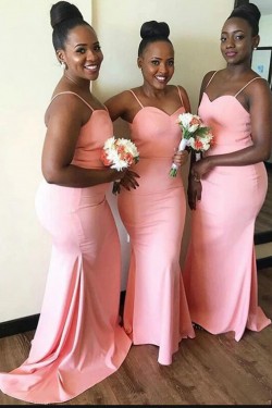 Long Pink Mermaid Spaghetti Straps Bridesmaid Dresses 902181