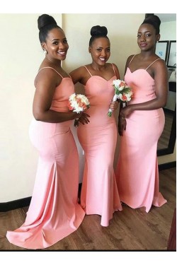 Long Pink Mermaid Spaghetti Straps Bridesmaid Dresses 902181