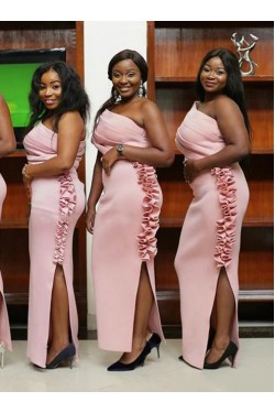Long Pink One Shoulder Bridesmaid Dresses with Slit 902182