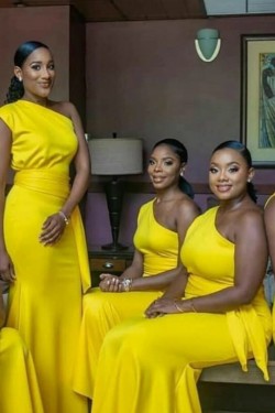 Modest Long Yellow One Shoulder Bridesmaid Dresses 902185