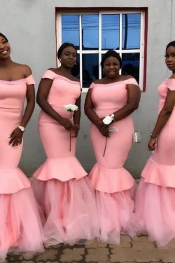 Long Pink Mermaid Off the Shoulder Bridesmaid Dresses 902186