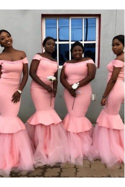 Long Pink Mermaid Off the Shoulder Bridesmaid Dresses 902186