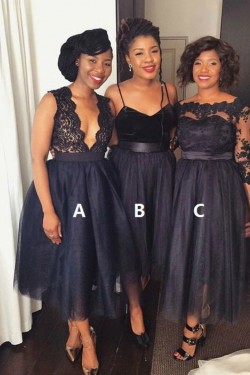Short Navy Blue Lace and Tulle Bridesmaid Dresses 902190