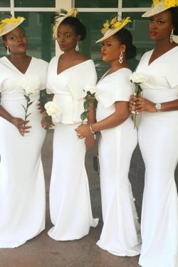 Long White Mermaid V Neck Bridesmaid Dresses 902194