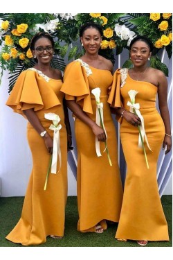 Modest Mermaid One Shoulder Long Bridesmaid Dresses 902196